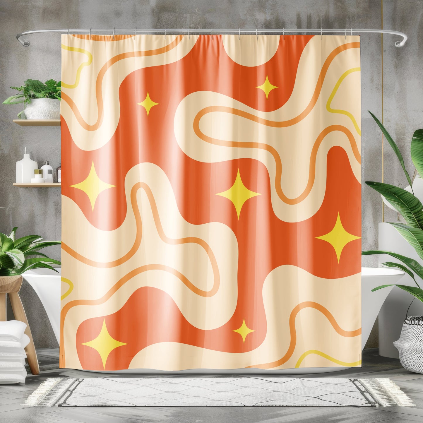 Playful retro shower curtain in orange and beige tones with star accents, perfect for a mid-century modern look.