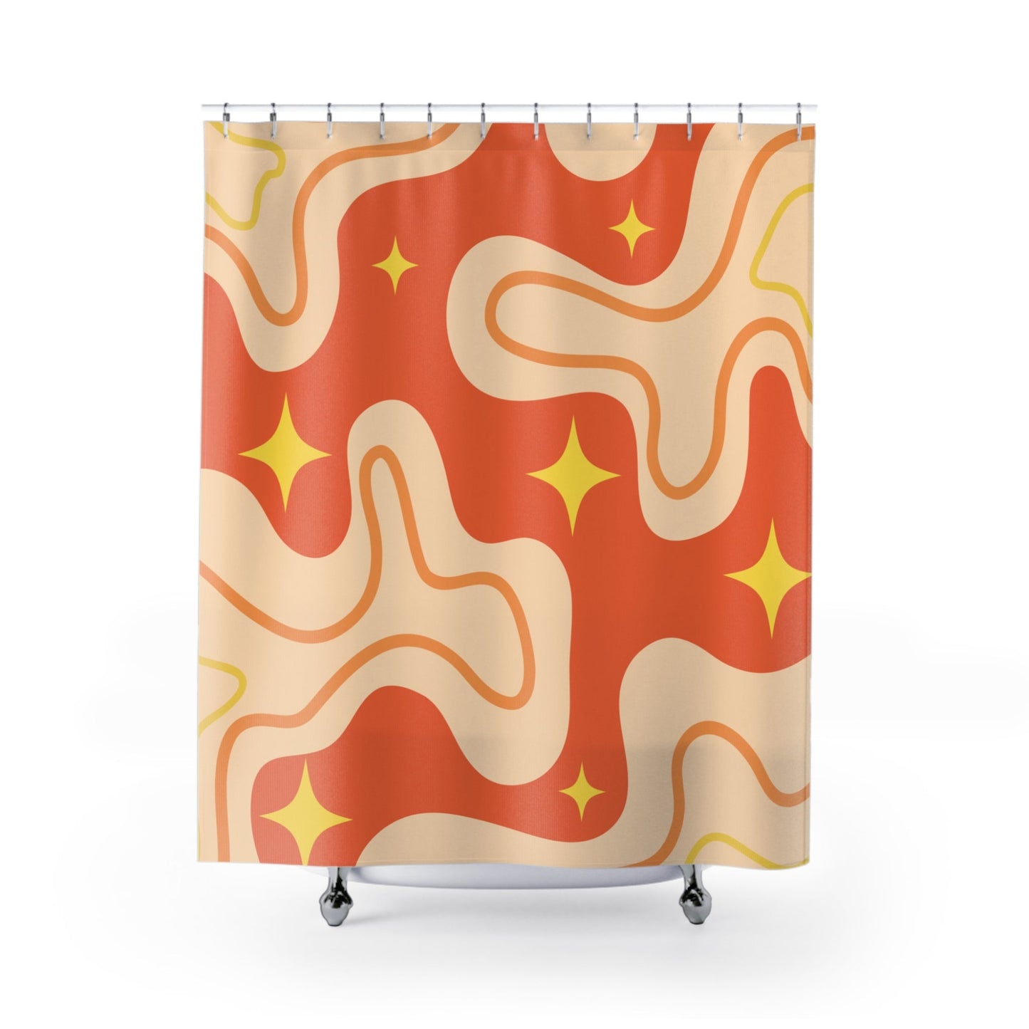 Retro groovy 70s shower curtain with bold wavy patterns and starburst details in orange