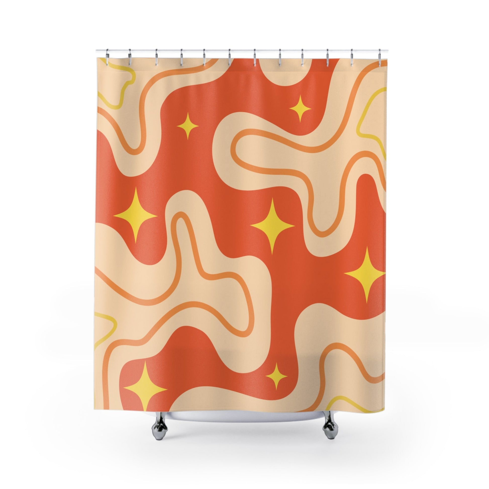 Retro groovy 70s shower curtain with bold wavy patterns and starburst details in orange