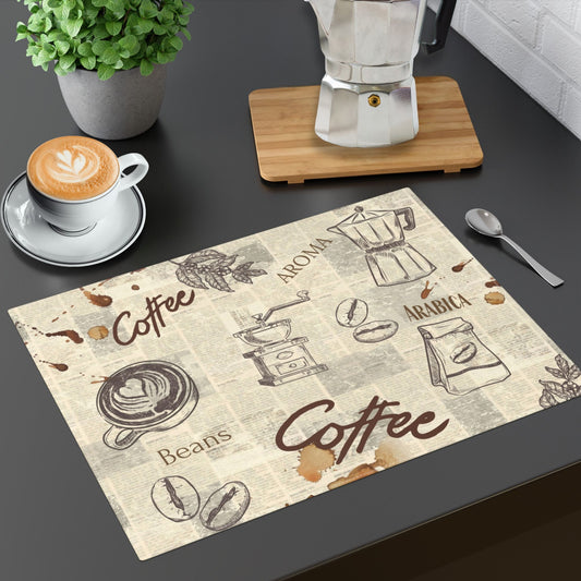 vintage coffee-illustrated placemat, adorned with words like "Coffee" and "Aroma."