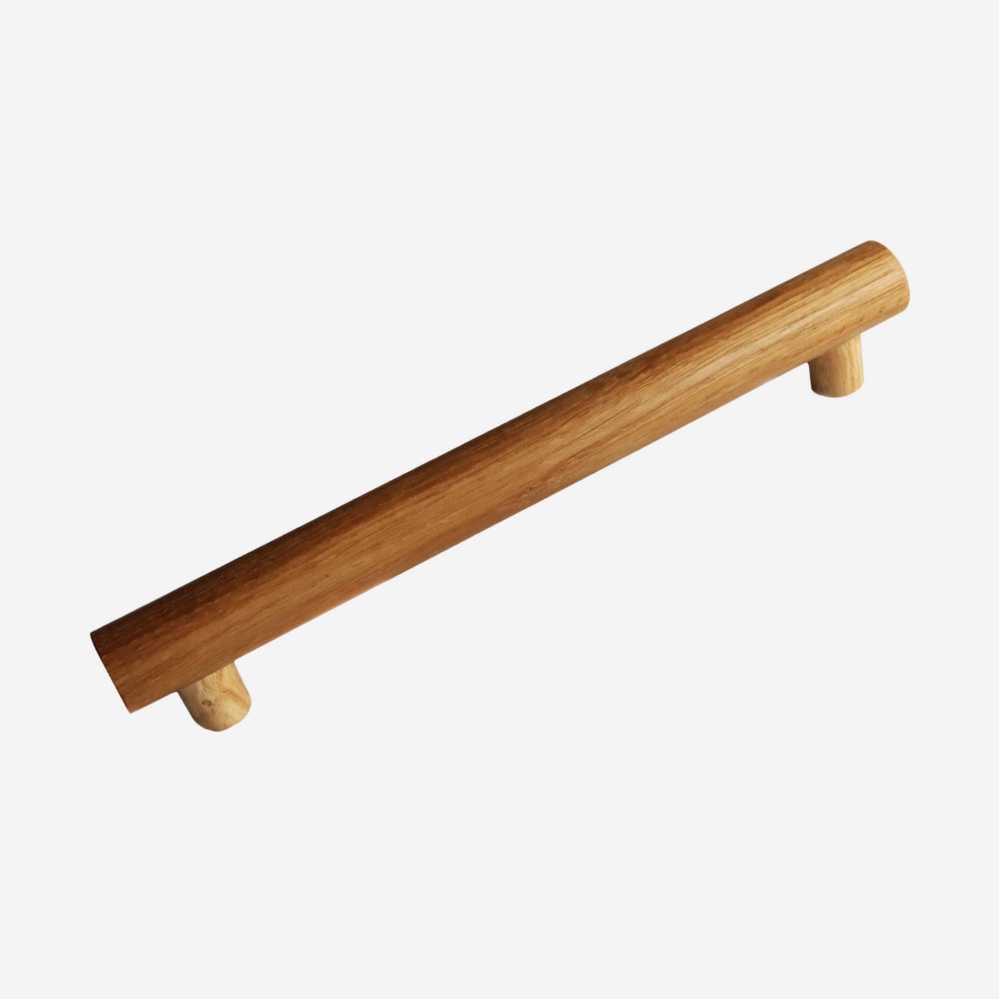 A straight, cylindrical wooden handle with two smaller cylindrical attachments on one side.