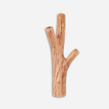 A natural oak double wall hook , showcasing a simple and rustic design.