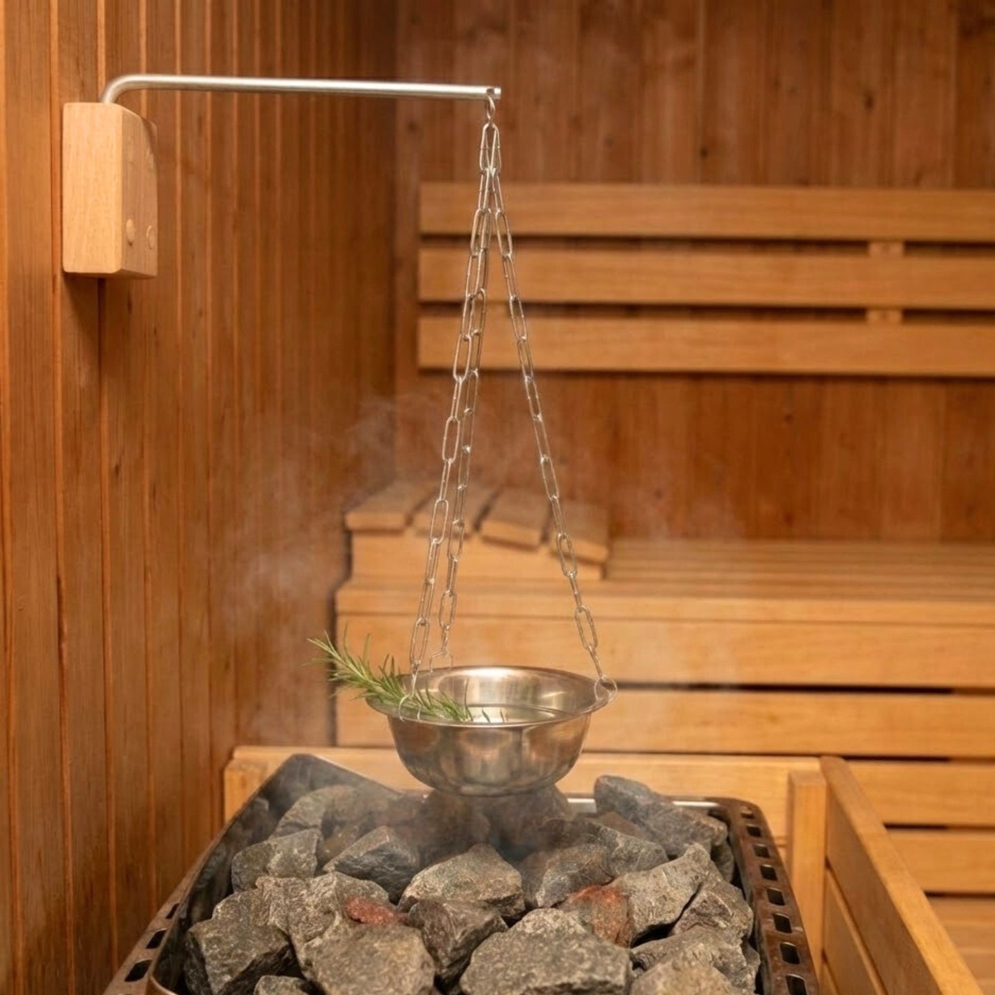 Modern stainless steel aroma bowl for essential oils in sauna