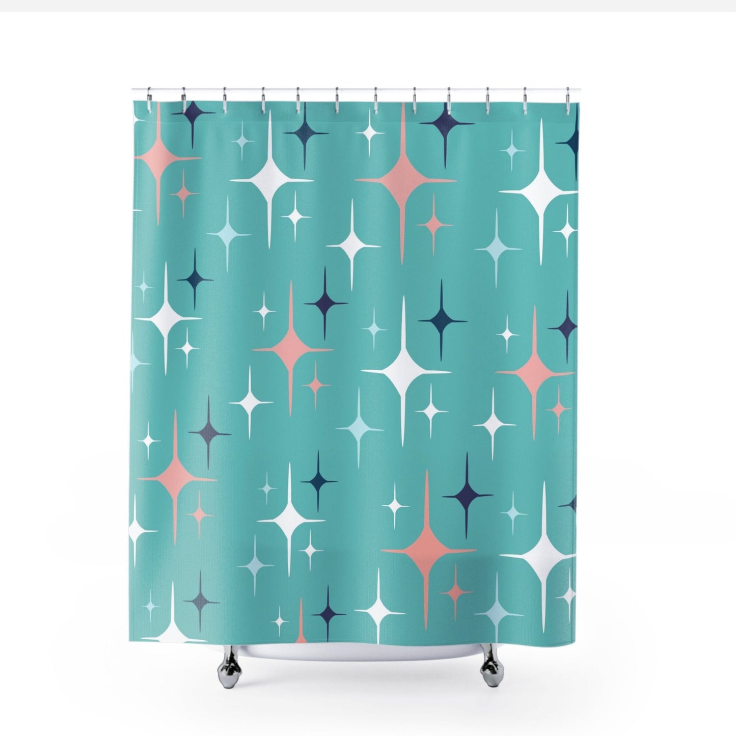 Teal-colored shower curtain adorned with mid-century style star motifs in white, blue, and pink