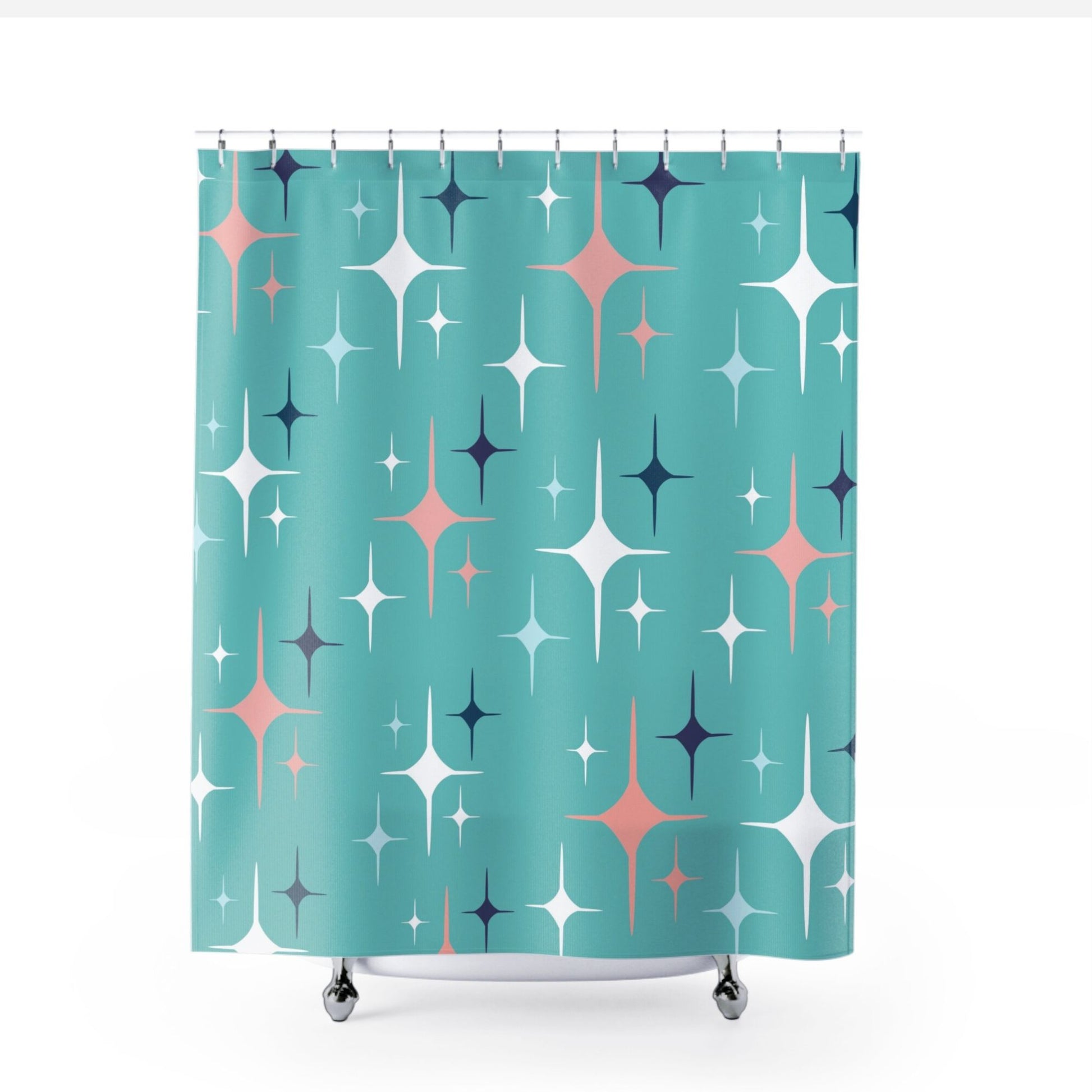 Teal-colored shower curtain adorned with mid-century style star motifs in white, blue, and pink