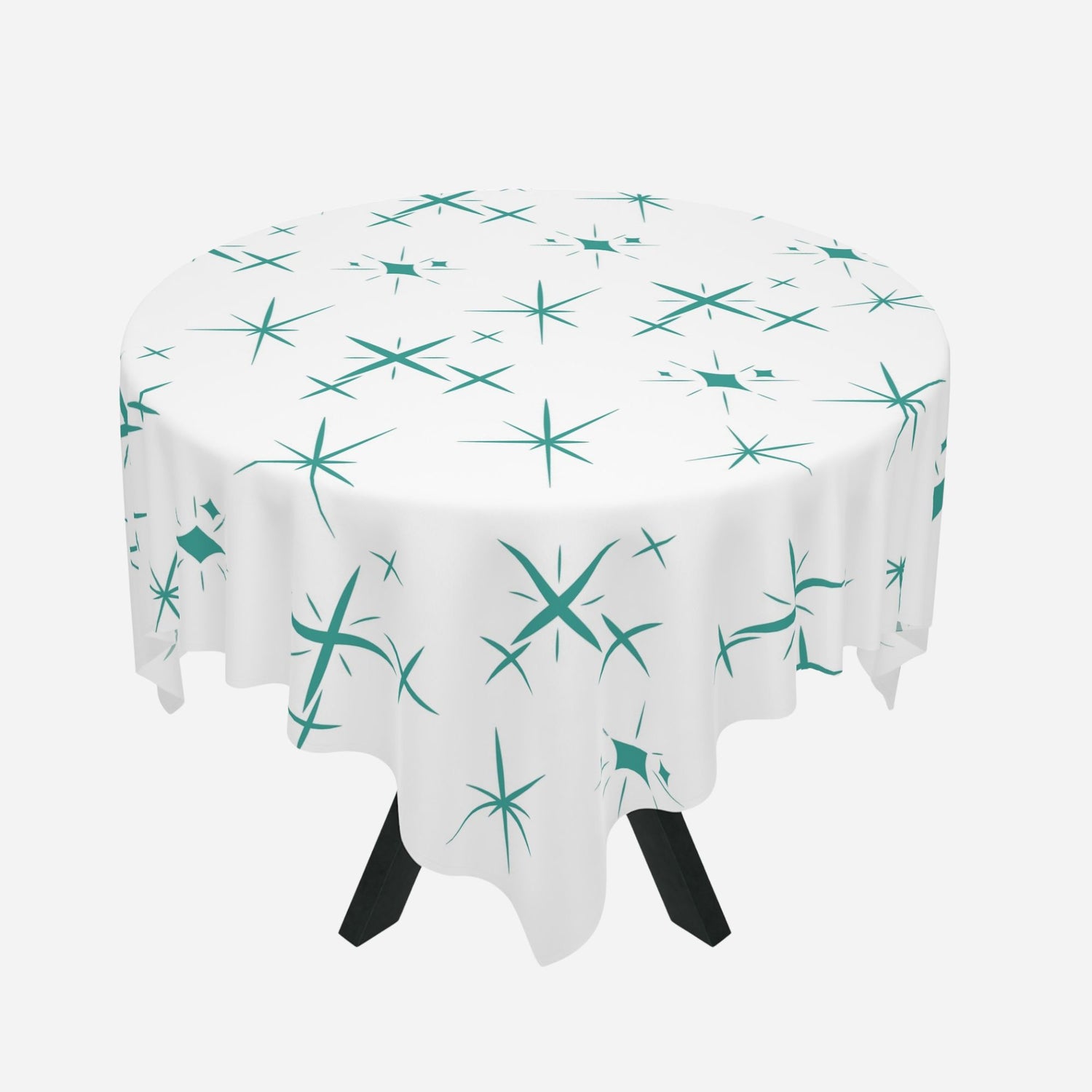 tableclothes with chic starburst design in teal on a white background.