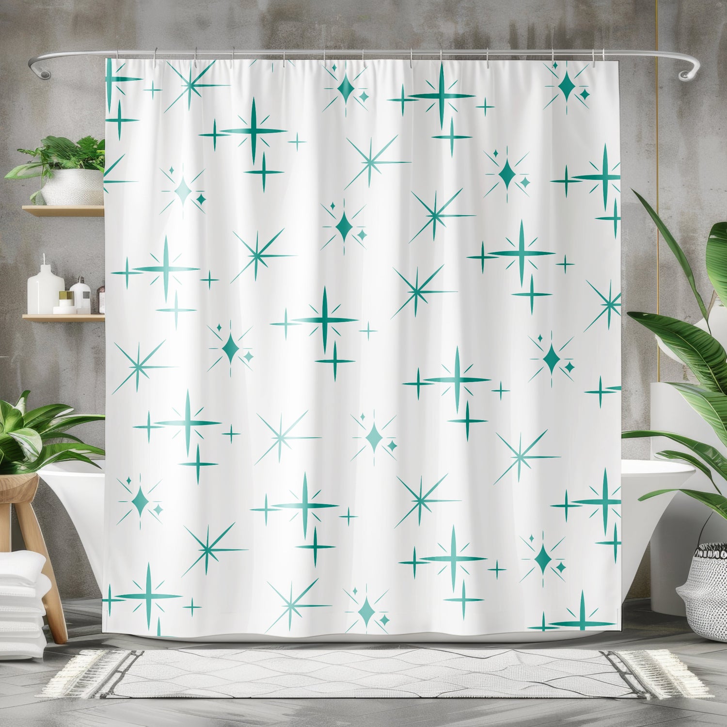 Elegant retro shower curtain with a modern starburst pattern.