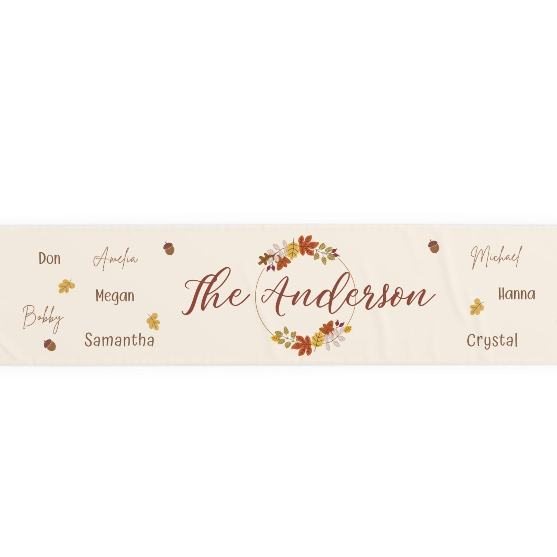 Personalized name family runner with fall elements on a white background