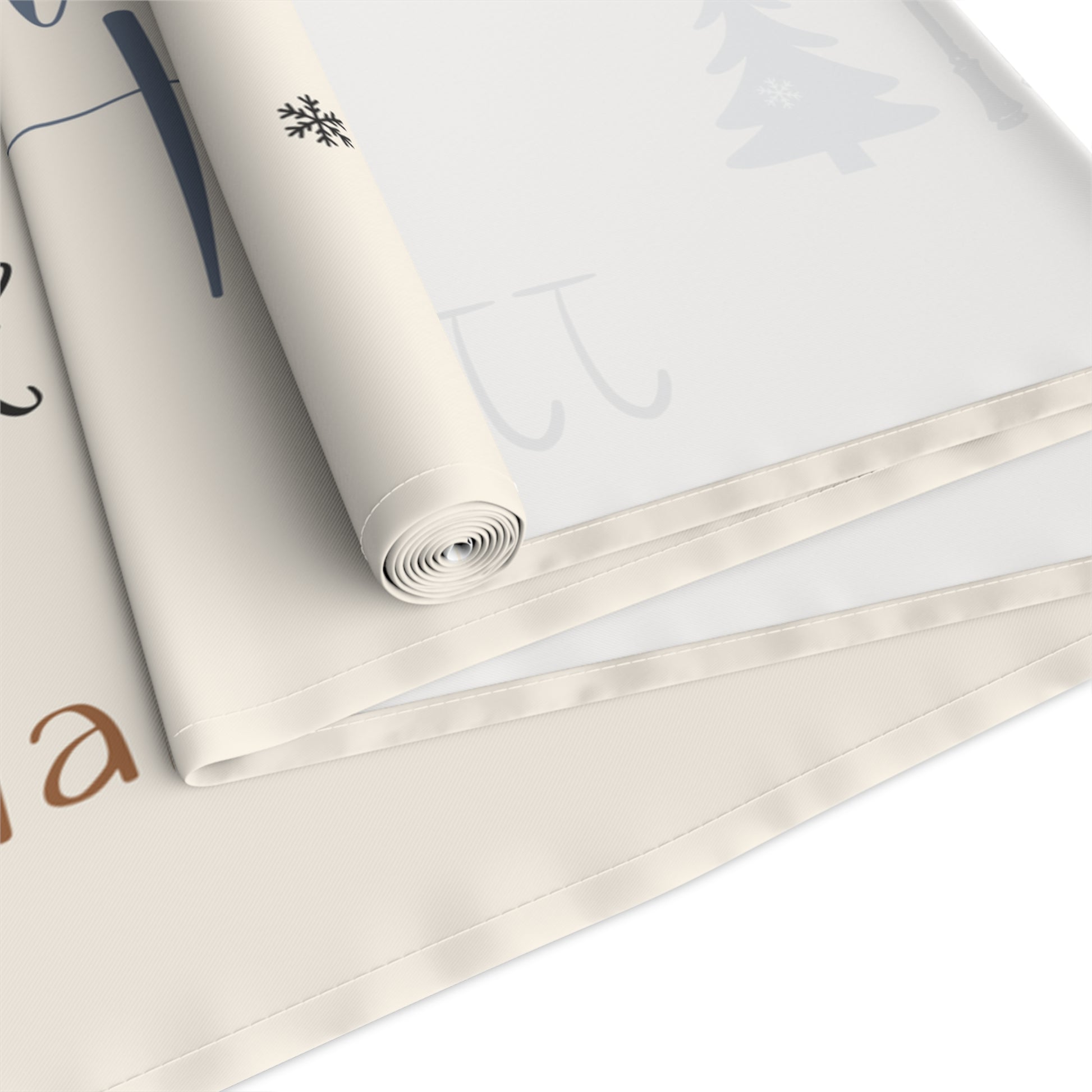 Roll of beige runner with printed text and graphics on a white background