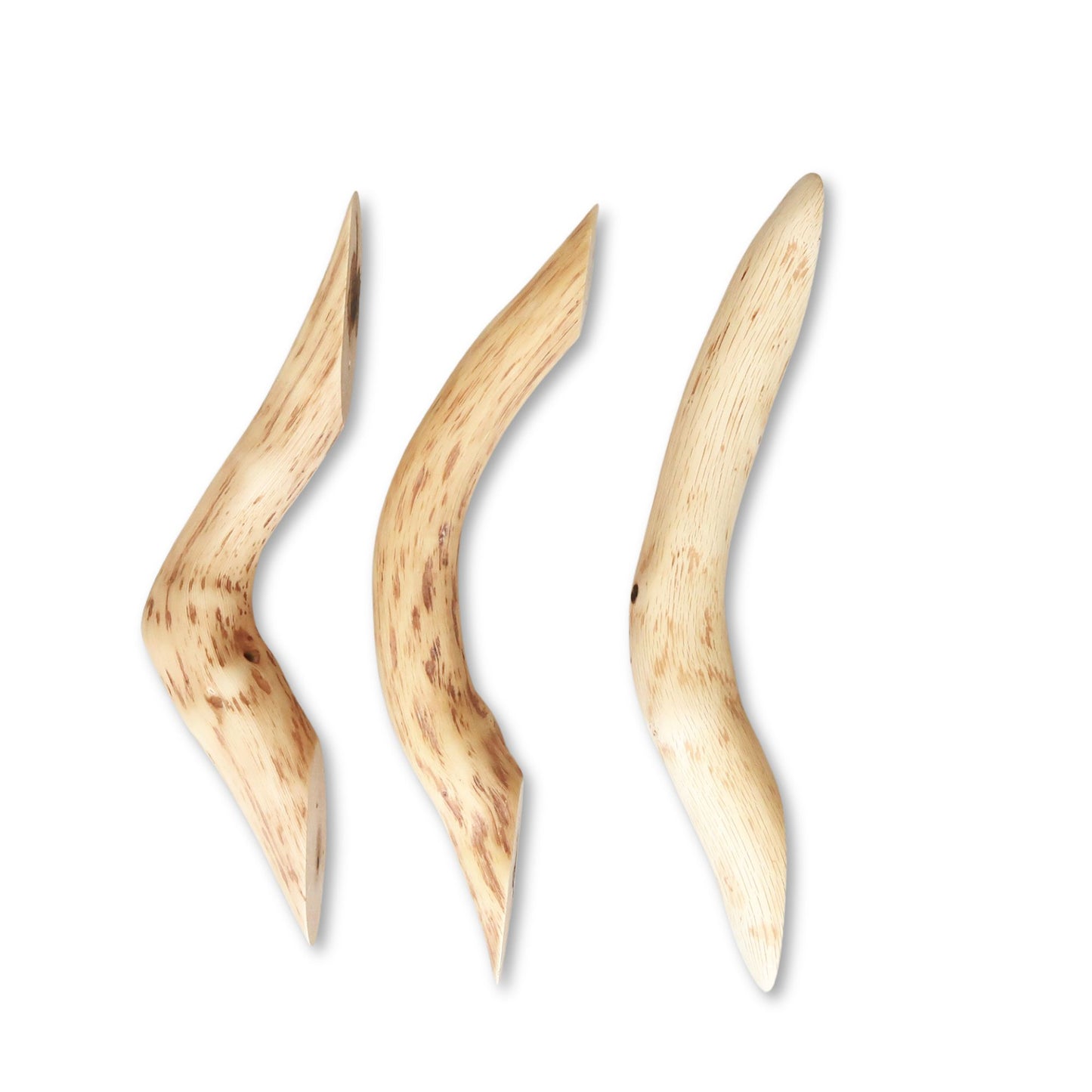Three handmade natural oak branch door pulls with unique organic shapes, displayed against a white background.