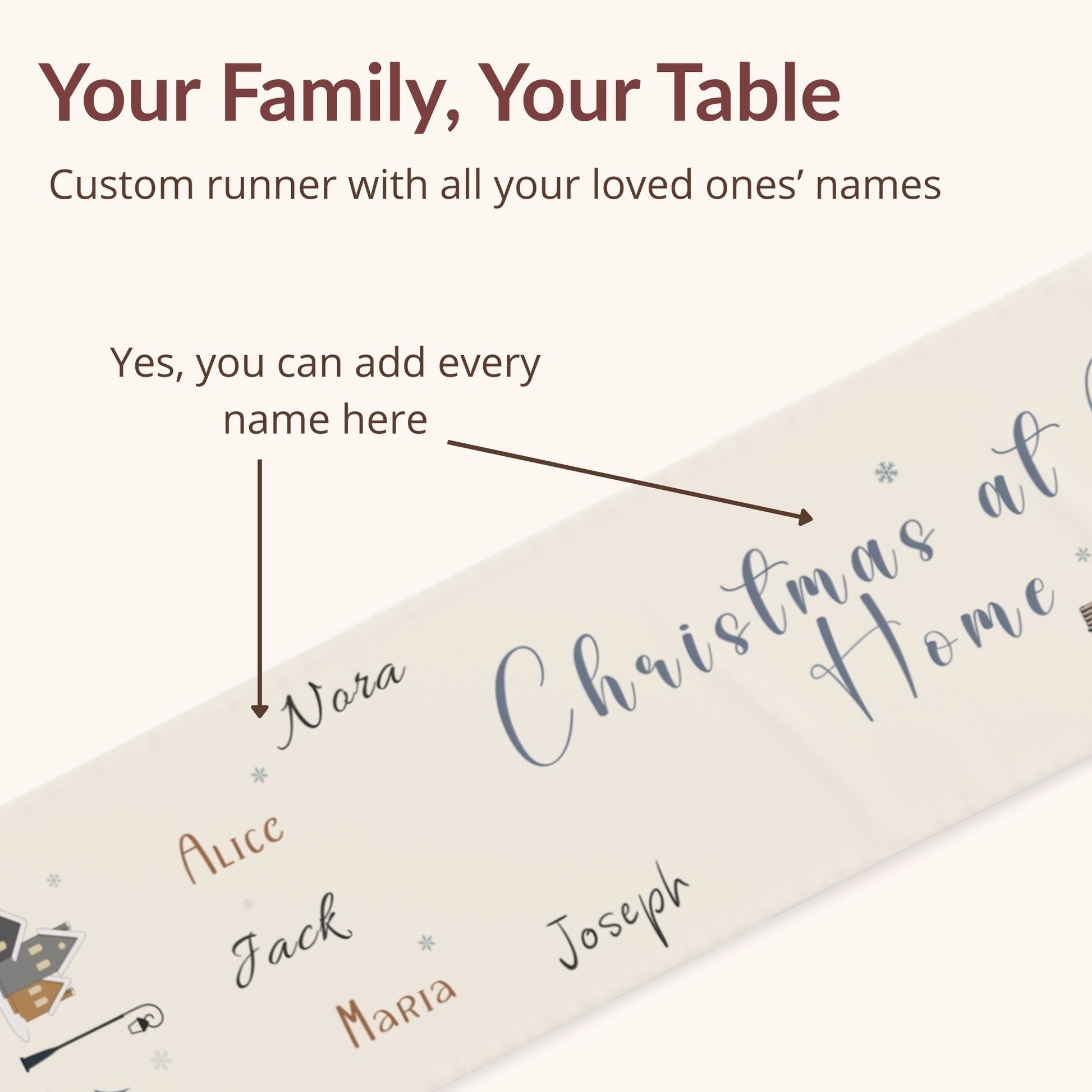 Custom table runner with names printed on it, featuring text 'Your Family, Your Table'.