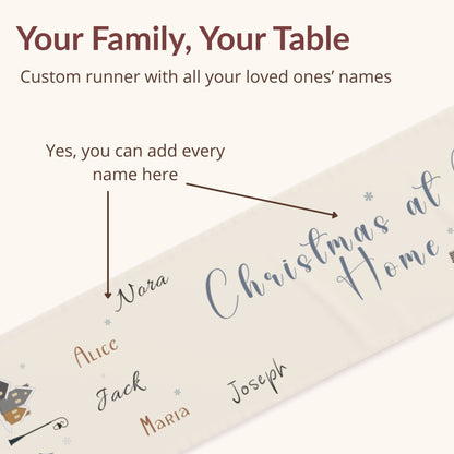 Custom table runner with names printed on it, featuring text 'Your Family, Your Table'.